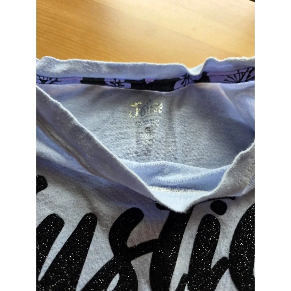 Justice Girls 2 Piece Set Purple Glitter Logo T-Shirt Rainbow Floral Bike Shorts